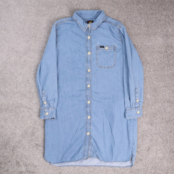 Women's Lee Large Blue Chambray Long Sleeve Full Button Collared Dress Shirt - Picture 1 of 9